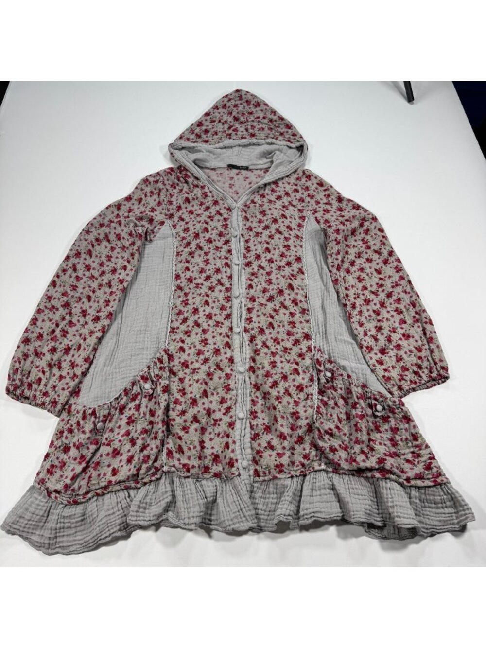 Heather Dress Women's M Gray Floral Cotton Gauze Mini Tunic Hooded Ruffle Hem